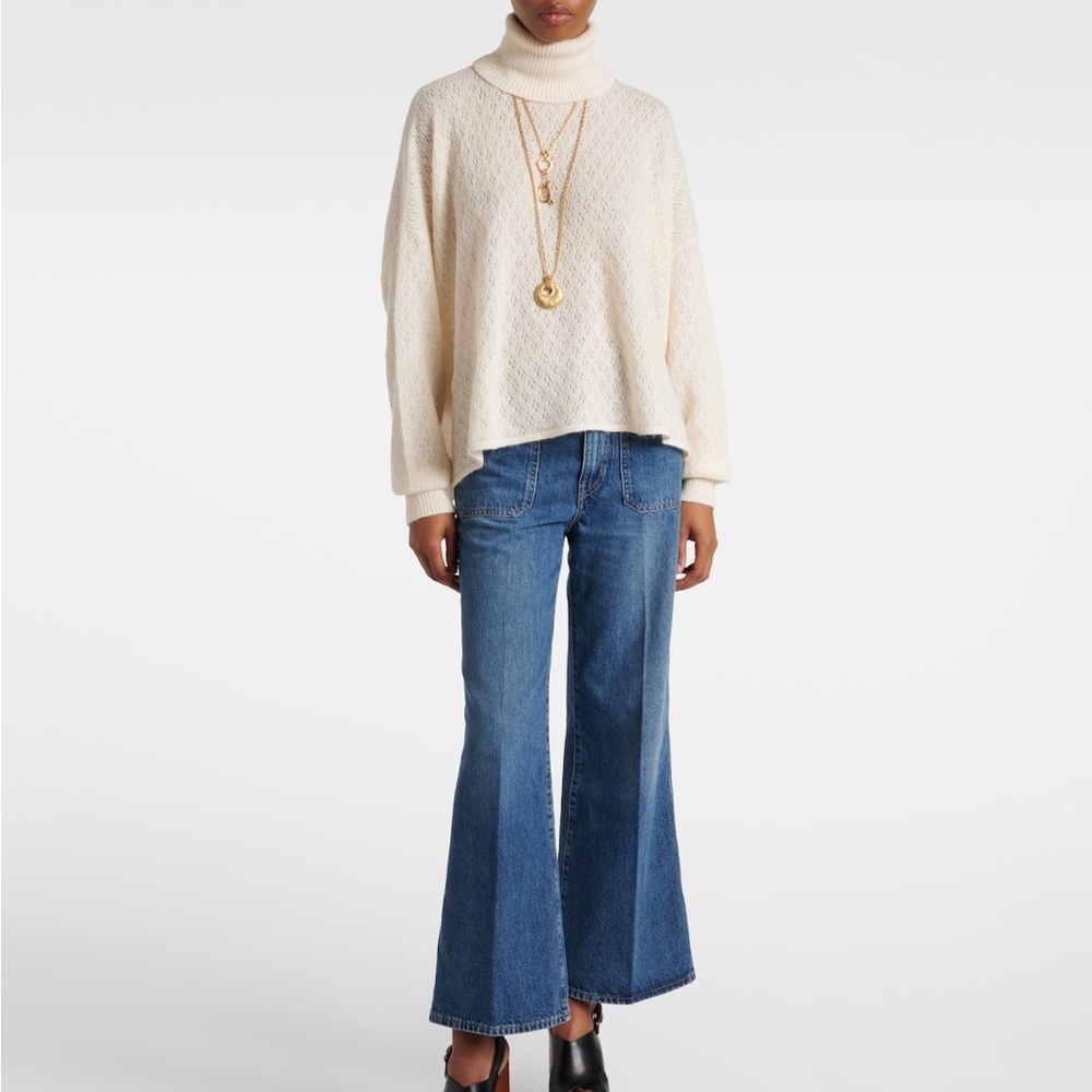 Chloé Pointelle Wool Alpaca Silk Turtleneck Sweater Iconic Milk Cream Size Small